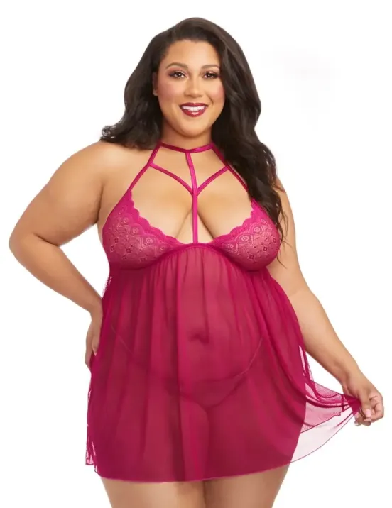 Strappy Lace & Mesh Babydoll (Magenta) | Find Your Own Passion Strappy Lace Mesh Babydoll Magenta